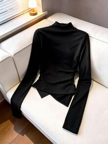 SHEIN 法式風 2 合 1 拼接背心上衣，復古時尚通勤優雅針織上衣，女款外套內搭上衣 - 黑色 - 查看 2