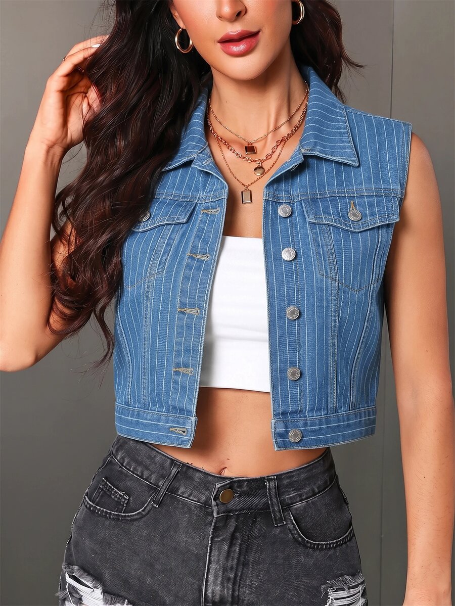 SHEIN Essnce 女款單排扣無袖條紋時尚百搭牛仔夾克 - 中等水洗藍 - 查看 1