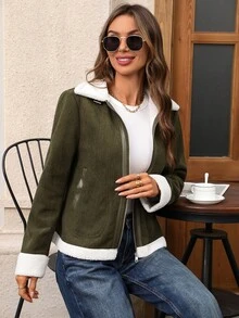 EMERY ROSE Women's Autumn/Winter Plush Patchwork Zipper Metal Button Stand Collar Casual Jacket - Army Green - View 4