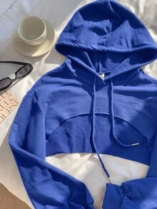 SHEIN EZwear 抽繩設計超短版連帽衛衣－黑白配色，秋冬長袖上衣 - 寶藍色 - 查看 4