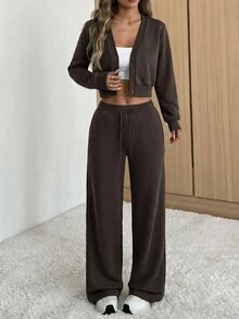 SHEIN EZwear Women's Solid Color Casual Button Long Sleeve Top And Drawstring Waist Pants Set - Brown - View 6