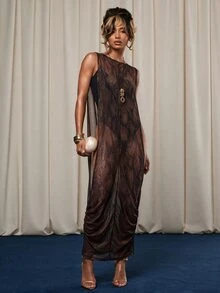 NYA SZN Swim Cover Up Dress Maxi Cowl Draped Beach Club Night Out Poolside Brunch Warm Weather Work Wear Casual Sexy Outfits For Women All Gold Summer - Brown - View 3