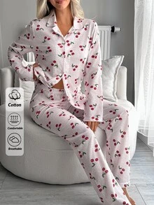 SHEIN طقم ملابس نوم قطعتين بنقشة الكرز - أبيض - مشاهدة 6