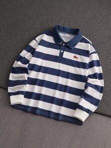 Boys Casual Retro Striped Denim Collar Sweatshirt, Suitable For Daily Outings, School And Various Occasions, Spring & Autumn Season Boys Sweatshirt - Multicolor - View 1