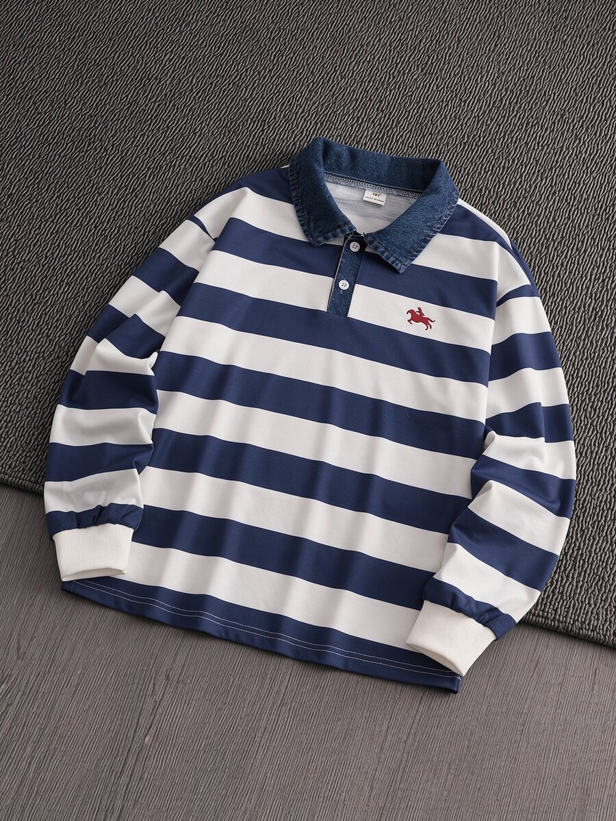 Boys Casual Retro Striped Denim Collar Sweatshirt, Suitable For Daily Outings, School And Various Occasions, Spring & Autumn Season Boys Sweatshirt - Multicolor - View 1