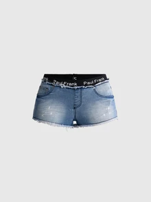 Paul Frank X ROMWE Women's Vintage Y2K Low Waist 2 In 1 Denim Shorts With Panty Edge - Blue - View 1