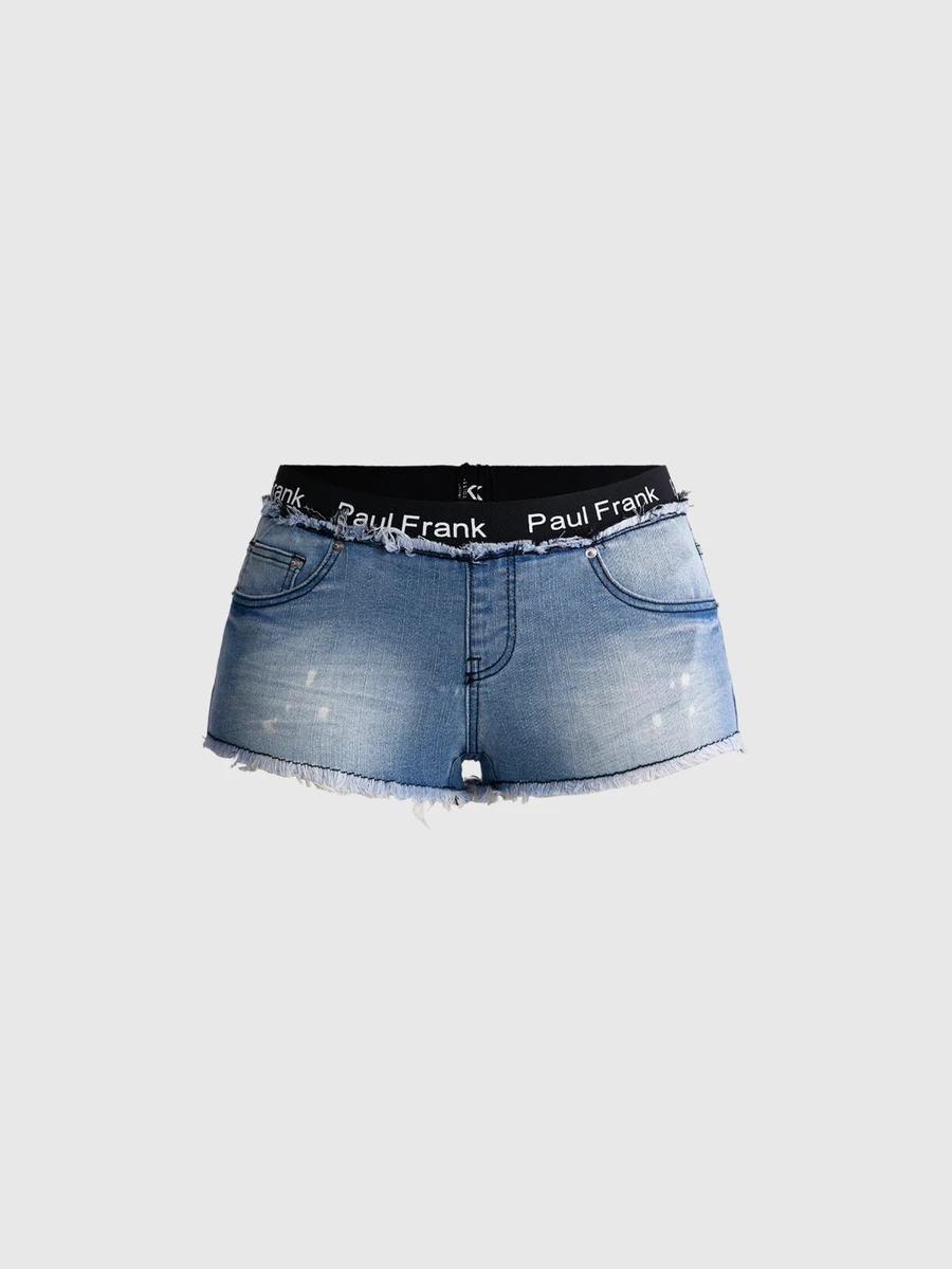 Paul Frank X ROMWE Women's Vintage Y2K Low Waist 2 In 1 Denim Shorts With Panty Edge - Blue - View 1