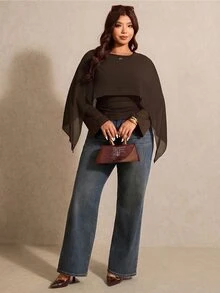 Elaquor Plus Size Round Neck Transparent Bell Sleeve Women's Top Fall/Winter Casual Elegant Office Business Work Top For Women Going Out Casual Top Women Fall - Coffee Brown - View 3