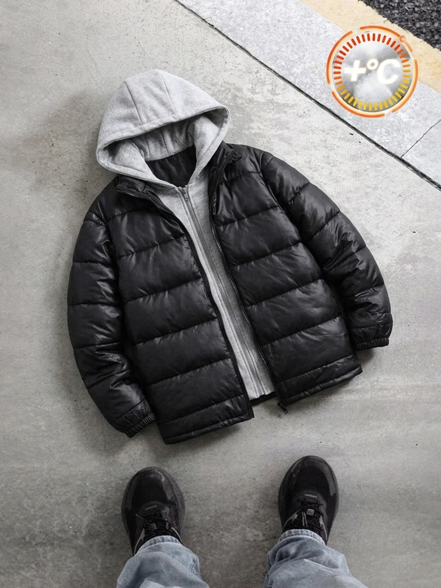 SHEIN Teen Boy Teen Boy Casual Two Pieces Thick Hooded Down Jacket Suitable For Autumn And Winter - Black - View 1