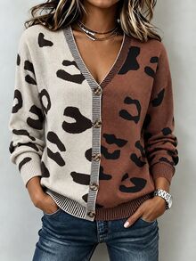 SHEIN Women's Colorblock All-Over Print Loose V-Neck Cardigan Sweater - Coffee Brown - View 4