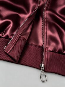 SHEIN LUNE Apricot Satin Baseball Jacket, Solid Color Without Print, Ribbed Baseball Round Neck, Long Sleeve With Ribbed Cuffs, Ribbed Elastic Hem Waistband, Light Luxury Casual Style, Minimalist Commute Style, Suitable For Daily Commuting, Leisure Shopping, Short Trips, Inner Layering And Outer Wear - Burgundy - View 4