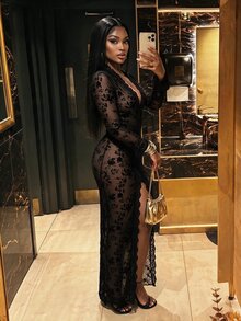 BamGleam Women's Lace Patchwork Split Design Sexy Party Night Out Club Dress Halloween Black Floral Fall - Black - View 4