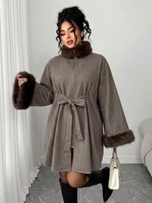 Modelyn Plus Size Vintage Faux Fur Collar Zipper Tie Coat For Vacation - Coffee Brown - View 8