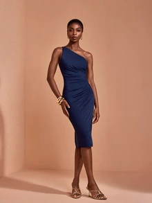 JIAN LASALA Mesh Sleeveless One Shoulder Ruched Elegant Midi Dress Party Vacation - Blue - View 4
