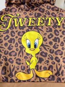 LOONEY TUNES X SHEIN 1件少女休閒運動學院風多功能棕色復古卡通豹紋寬鬆針織長袖連帽開襟衛衣 Y2K，適合日常穿著、秋冬、室內、運動、攝影、假期、生日 - 棕色 - 查看 8