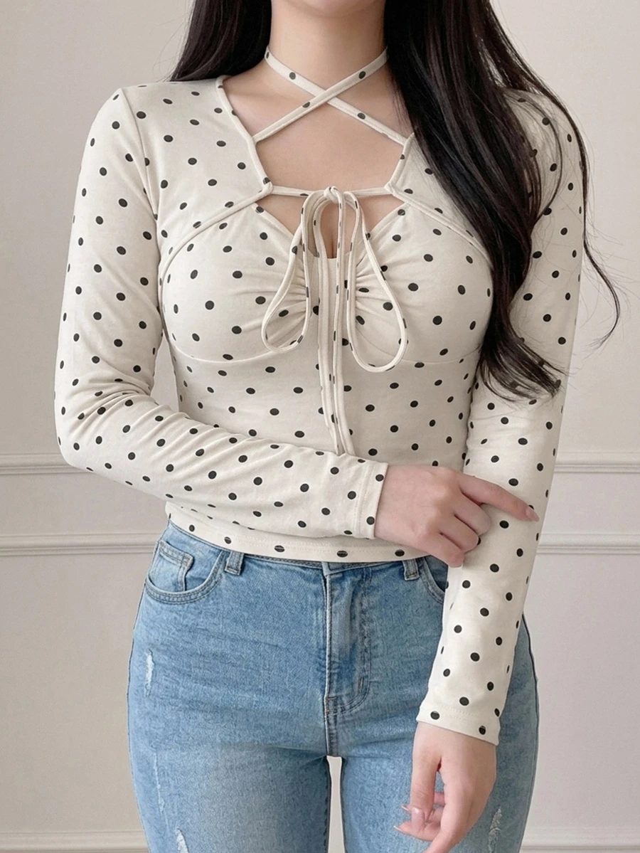 Dazy Plus Fashion Polka Dot Halter Neck Tie Fitted Korean Style Spring Autumn New Long Sleeve T-Shirt - Beige - View 1