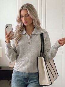 Easowa Sweater Wanita Musim Gugur/Musim Dingin Minimalis Kasual Bergaris Patchwork Kancing Setengah Plaket Sweater untuk Makan Siang/Kantor Abu-abu Muda - Khaki - View 2