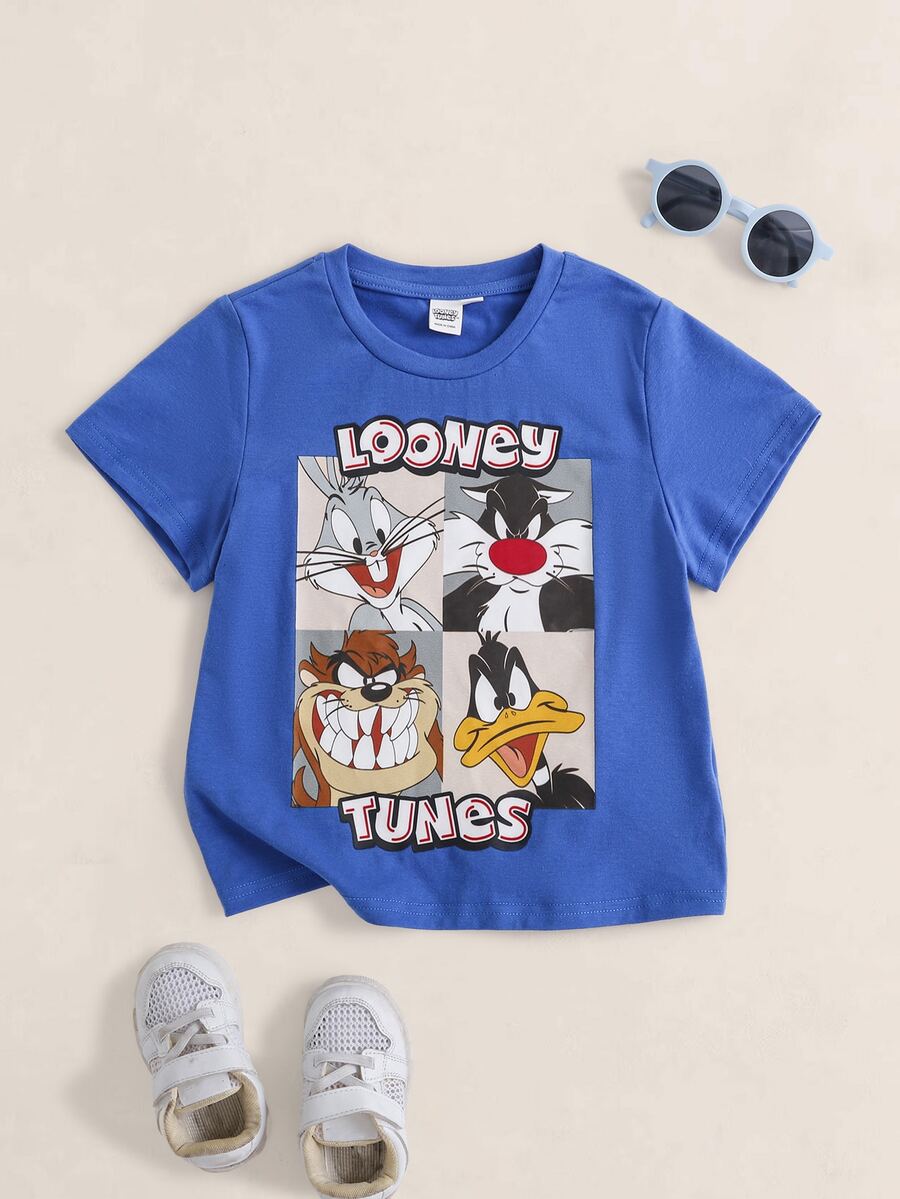 LOONEY TUNES X SHEIN 小男孩字母卡通印花休閒日常短袖T恤 - 藍色 - 查看 1