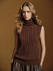 Anewsta Essential Rompi Rajut Kabel Leher Tinggi Tanpa Lengan dengan Hiasan Rantai Gaya Retro Slim Fit Tank Top Rajut - Coffee Brown - View 3