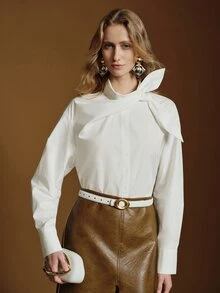 Anewsta Essential Autumn/Winter New High-Quality Standard Size Women's Blouse, Design-Focused Bowknot Ribbon Shirt, Stand Collar Loose Fit Slimming Commuter Versatile Long Sleeve Top - White - View 7