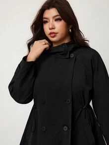 Enliva 大尺碼女款蘋果型身材連帽防水長版風衣，可調腰圍，適合辦公通勤與雨天穿著 - 黑色 - 查看 8