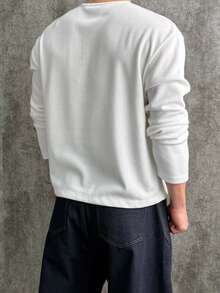 DAZY Spring/Autumn White Elastic Ribbed Knit Fabric Long Sleeve Crew Neck Half-Button Front Korean Style Men's T-Shirt - White - View 2