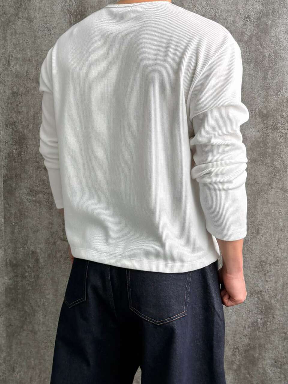 Spring/Autumn White Elastic Ribbed Knit Fabric Long Sleeve Crew Neck Half-Button Front Korean Style Men's T-Shirt