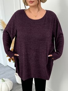 SHEIN CURVE+ 大尺碼女款休閒羅紋長袖T恤，秋冬紫色不對稱下擺，適合5XL-8XL尺寸 - 紫色 - 查看 6