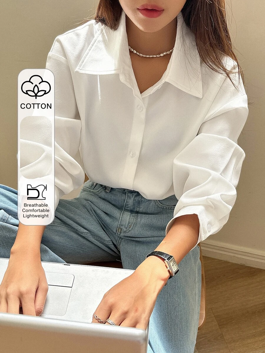 DAZY 女款白色單排扣長袖休閒百搭襯衫 - 白色 - 查看 1