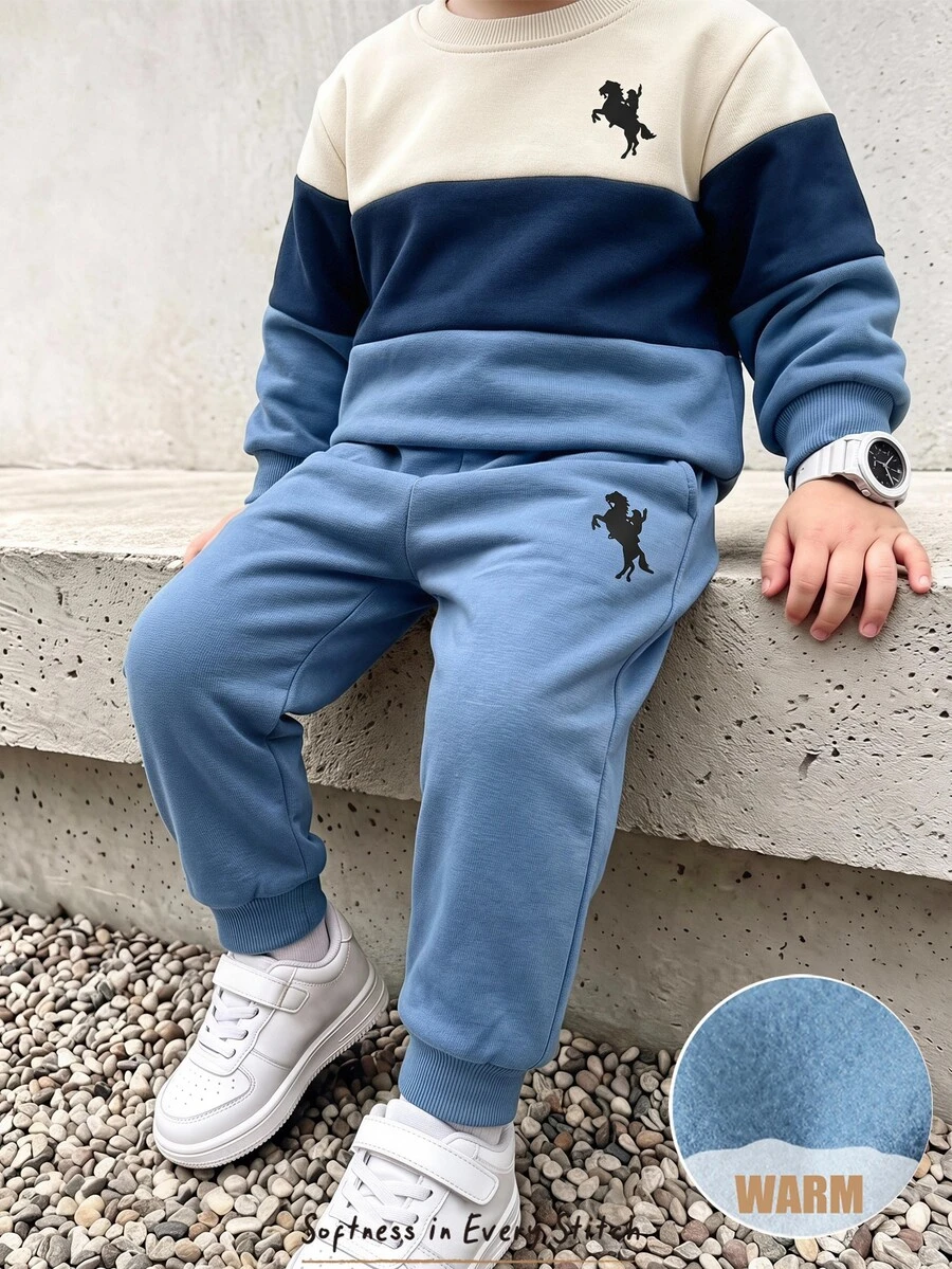 Cozy Pixies Young Boys Black Printed Contrast Color Patchwork Crew Neck Long Sleeve Pullover Sweatshirt & Sweatpants Set, Versatile Comfortable - Blue - View 1