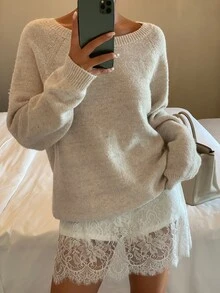 Livesso Women's Autumn/Winter Khaki Round Neck Long Sleeve Cable Knit Slim Fit Ribbed Casual Sweater - Khaki - View 1