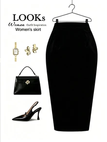 SHEIN Franclia Women's High Waist Solid Color Elegant Skirt - Black - View 2