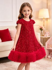 Tween Girls Red Knit Ribbed Turtleneck Loose Waist For Christmas Party Dress Winter Clothes - Red - View 5