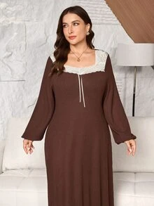 Lacomfia Plus Size Women Loose Casual A-Line Square Neck Short Sleeve Textured Knit Contrast Lace Contrast Color Bowknot Autumn Long Dress - Brown - View 3