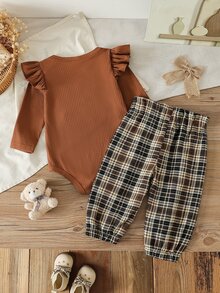 SHEIN Playful Pals 女嬰套裝 時尚簡約長袖荷葉邊連身衣 棕色格紋可愛蝴蝶結休閒褲 春季 - 棕色 - 查看 2