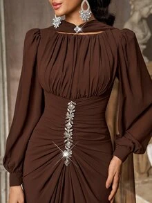 Aureia Elegant Chiffon Pleated Rhinestone Decor Cinched Waist Dress Suitable For Weddings, Parties - Khaki - View 1