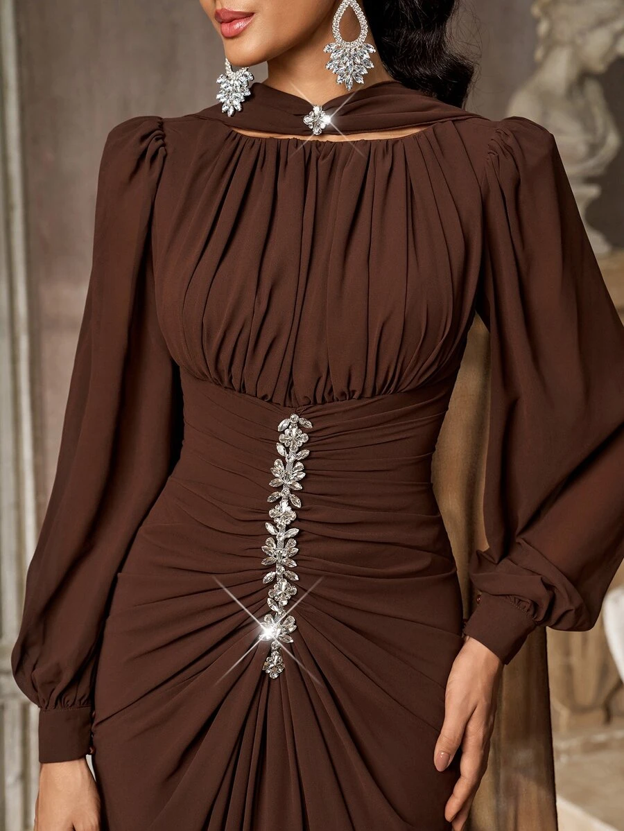 Aureia Elegant Chiffon Pleated Rhinestone Decor Cinched Waist Dress Suitable For Weddings, Parties - Khaki - View 1