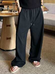DAZY Spring/Autumn Loose Brown Elastic Waist Pleated Design Men's Sweatpants - Black - View 3
