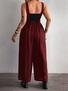 Whyspr Plus Size Wide Leg Floral Print Jumpsuit With Straps, Spring/Summer - Burgundy - View 2