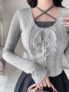 FRIFUL Women's Lace Patchwork Casual Daily T-Shirt - Grey - View 6