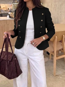 Aloruh Women's Solid Color Rivet & Button Decor Fashion Casual Jacket - Black - View 1