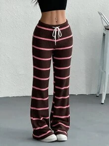 SHEIN EZwear 女款抽繩綁帶條紋雙色長褲 - 棕色 - 查看 3