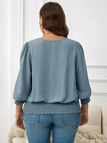 SHEIN LUNE 大尺碼女款圓領中袖花瓣袖純色休閒襯衫 - 藍色 - 查看 2
