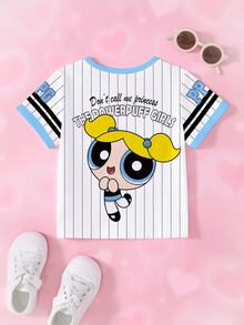 THE POWERPUFF GIRLS X SHEIN 少女款對比滾邊卡通滿版印花落肩休閒時尚短袖T恤 - 白色 - 查看 2