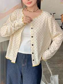 Dazy Plus Small Polka Dot Round Neck Button Front Long Sleeve Casual Cardigan For Girls Spring Autumn - Apricot - View 2