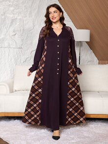 Lacomfia Women's Long Sleeve Plaid Lace Patchwork Casual Versatile Comfortable Daily Home Warm Plus Size Dress - Coffee Brown - View 6