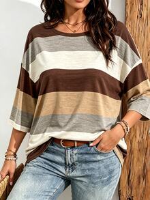 SHEIN CURVE+ Plus Size Women Casual Vintage Stripe Print Drop Shoulder T-Shirt - Multicolor - View 3
