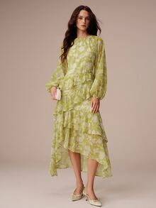 BELROSIE Women's Chiffon A-Line Dress With Side Multi-Layer Ruffle Trim, Asymmetrical High-Low Hemline, Lantern Sleeve Cuffs, Elegant Garden Tea Party Wedding - Multicolor - View 5