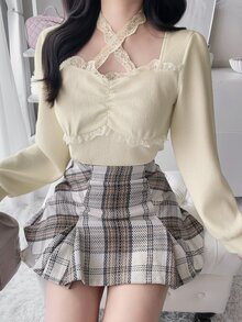 FRIFUL Women's Sweet Versatile Lace Patchwork Pleated T-Shirt - Beige - View 1