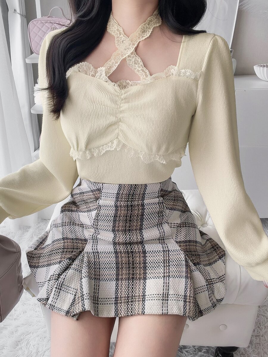 FRIFUL Women's Sweet Versatile Lace Patchwork Pleated T-Shirt - Beige - View 1